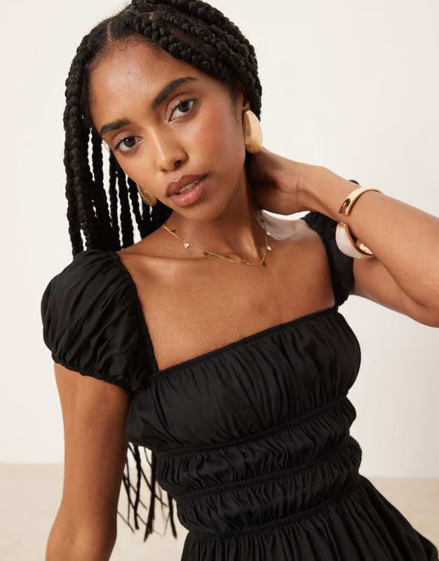 ASOS DESIGN square neck mini dress with cinched channel waist in black