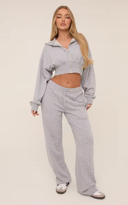Long Sleeve Zip Front Cropped Hoodie & Trousers In Grey SET