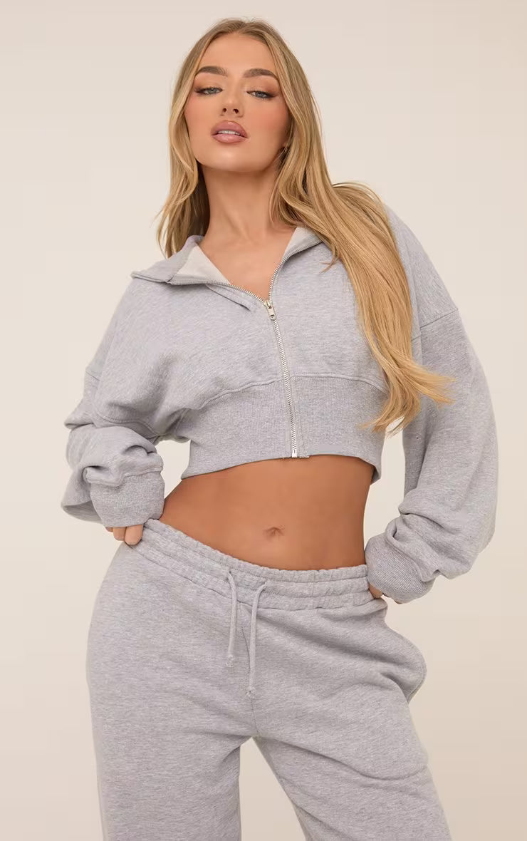 Long Sleeve Zip Front Cropped Hoodie & Trousers In Grey SET