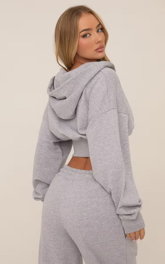 Long Sleeve Zip Front Cropped Hoodie & Trousers In Grey SET