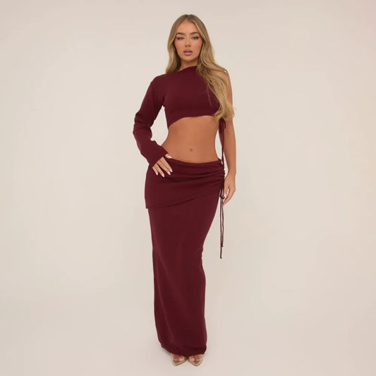 Layered Waistband Ruched Side Maxi Skirt & Top In Burgundy Knit SET
