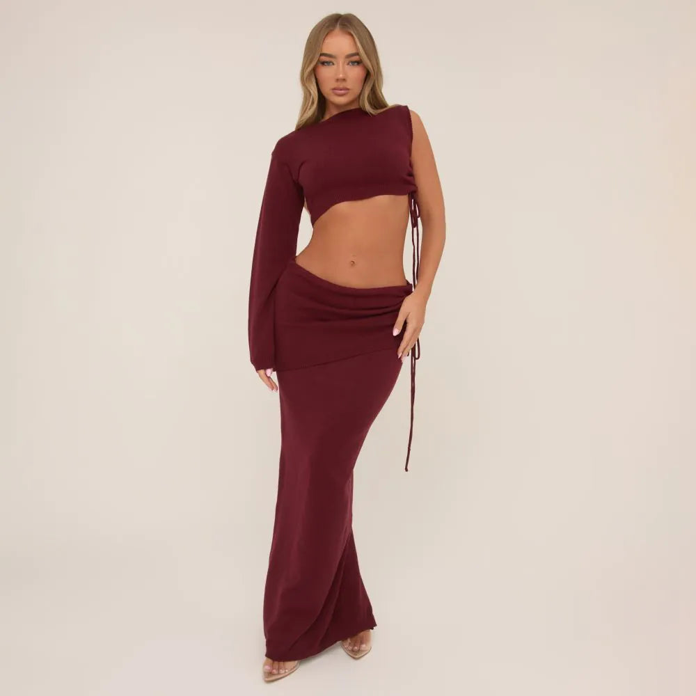 Layered Waistband Ruched Side Maxi Skirt & Top In Burgundy Knit SET