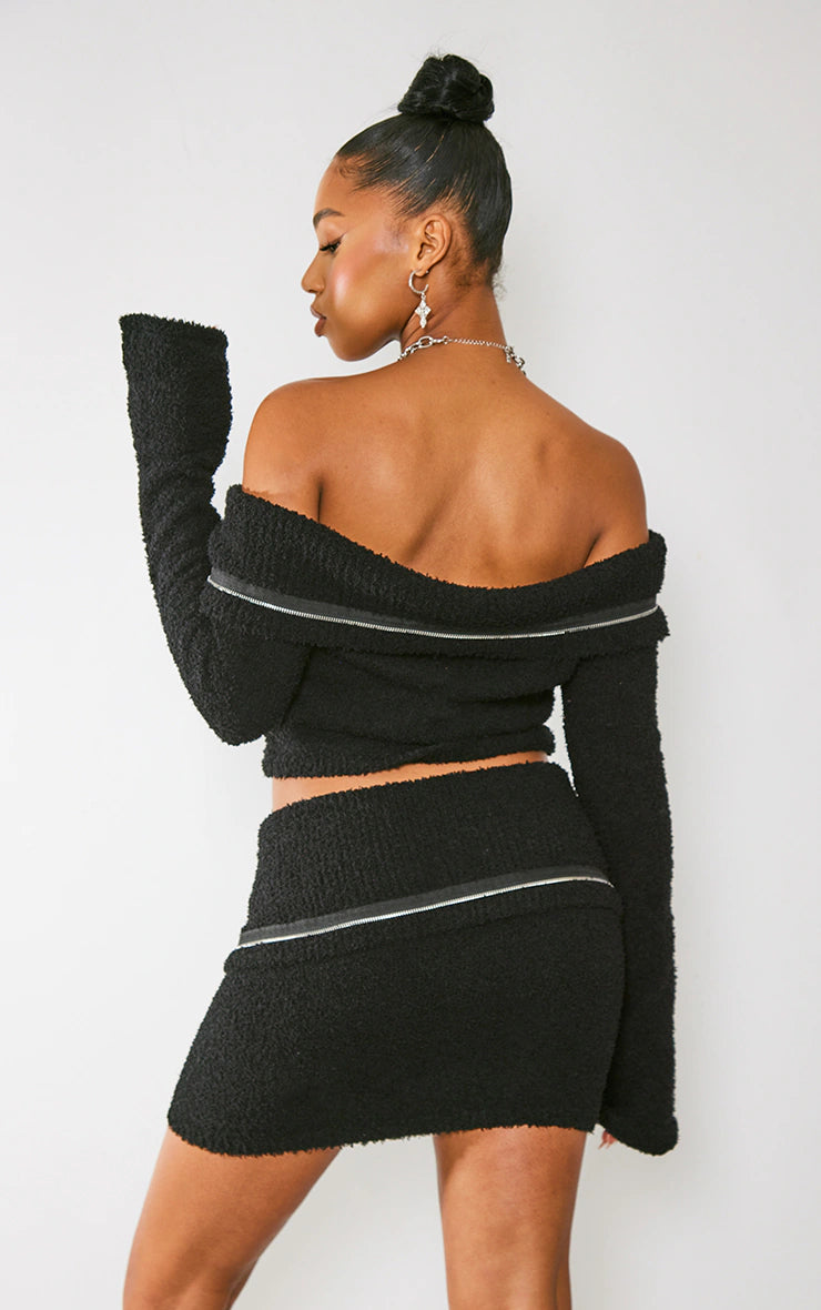 BLACK FLUFFY KNIT FOLD OVER ZIPPED CROP JACKET