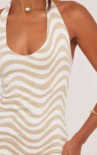 EGO - Halterneck Contrast Wave Mini Bodycon Dress In Stone Knit