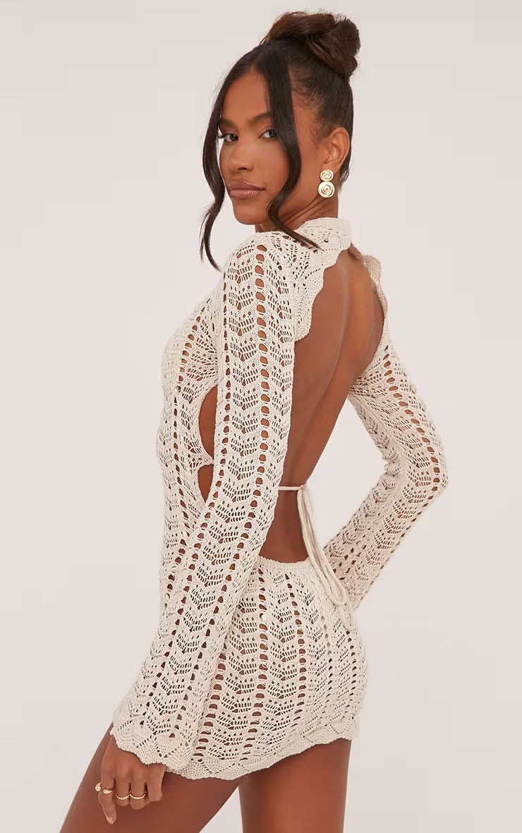 Ego - Long Sleeve Tie Open Back Mini Bodycon Dress In Stone Crochet Knit