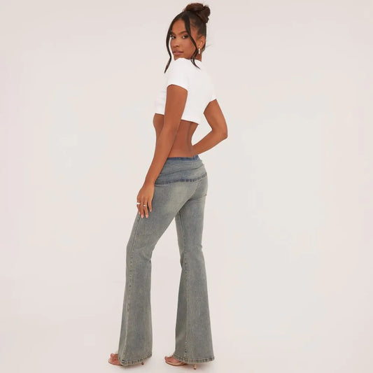 Low Rise Fold Over Waistband Flared Jeans In Washed Blue Denim