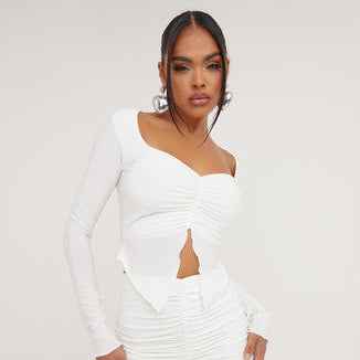 Ego - Long Sleeve Ruched Detail Split Front Crop Top In Cream