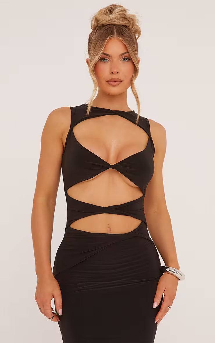 Ego - Sleeveless Cut Out Twist Front Detail Maxi Dress In Black