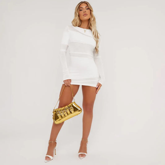 Long Sleeve Contrast Sheer Knit Detail Mini Bodycon Dress In White Fluffy Knit