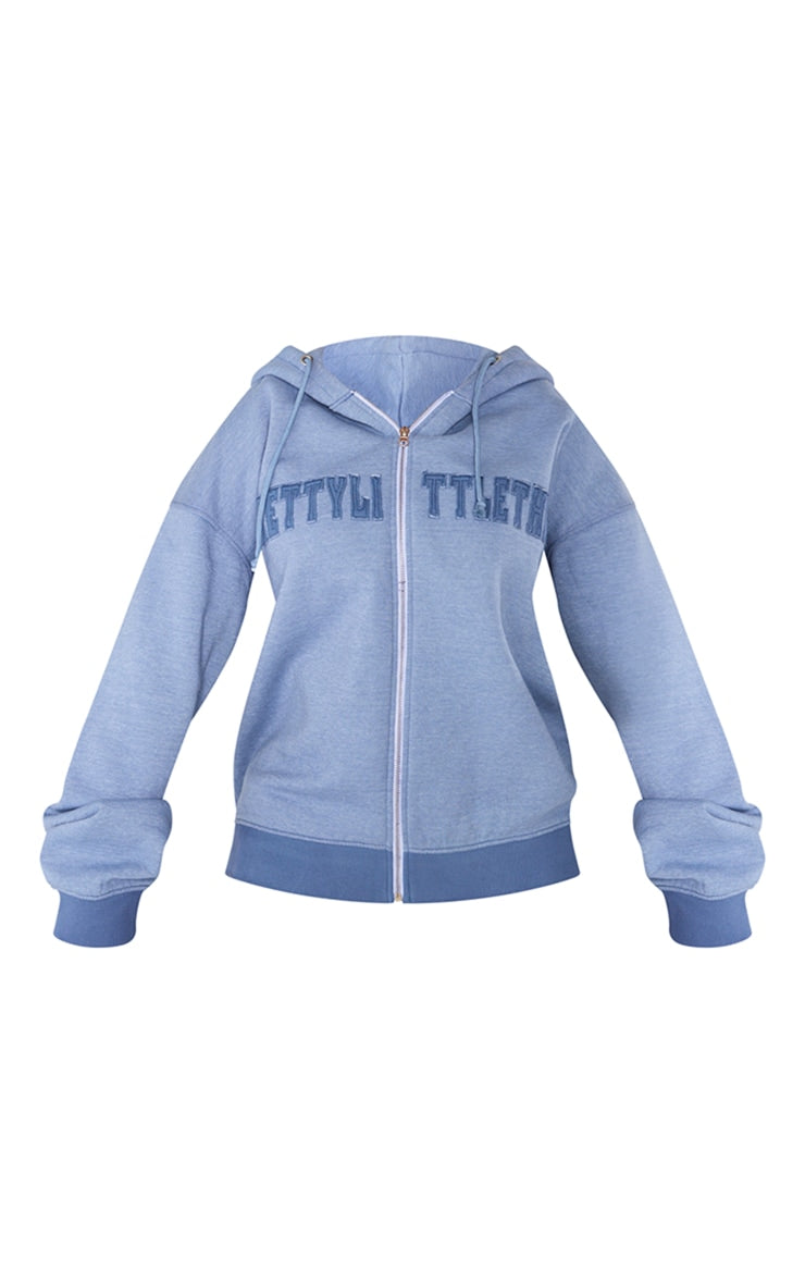 SHAPE PETROL BLUE EMBROIDERY WASHED ZIP THROUGH HOODIE