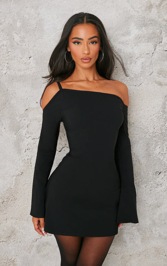 Petite Black Asymmetric One Shoulder Flared Sleeve Shift Dress