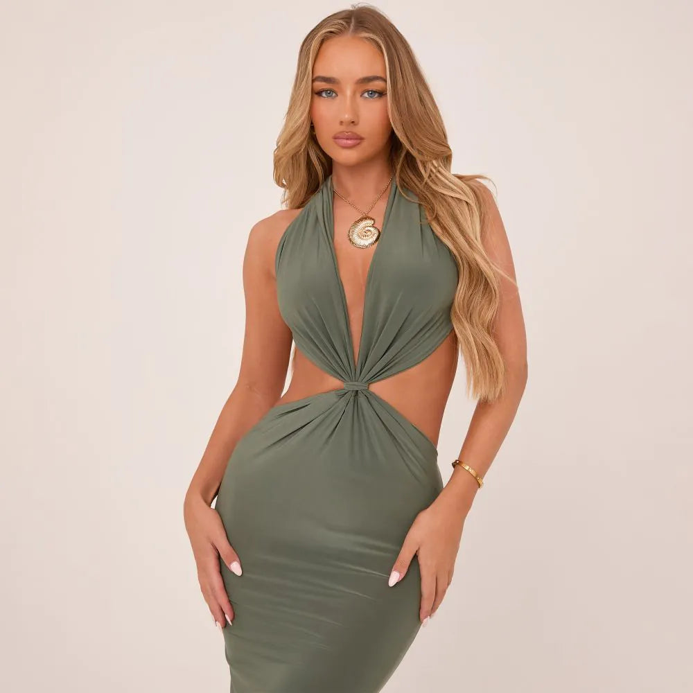 Plunge Halterneck Knot Front Maxi Dress In Olive Green Slinky
