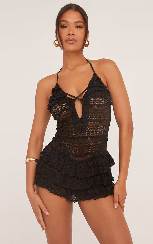 Ego - halterneck cross strap all over frill detail playsuit
