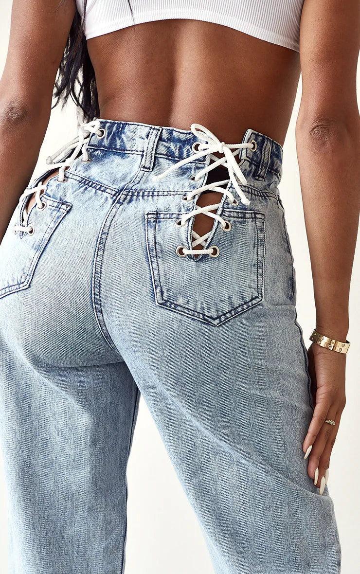 Shape Vintage Wash Lace Up Detail Straight Leg Jeans