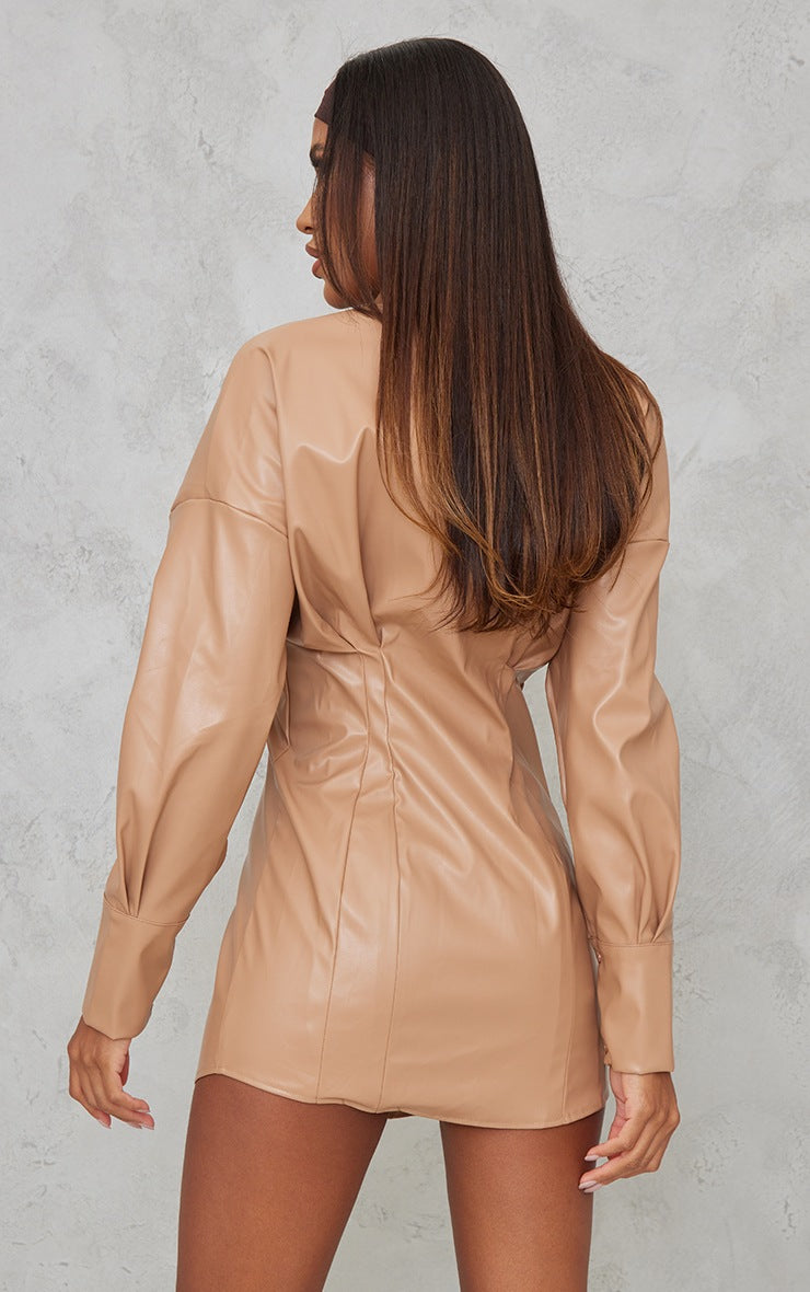 Taupe Faux Leather Fitted Shirt Dress