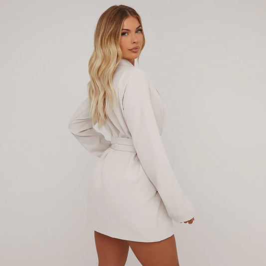 Oversized Belted Detail Blazer Dress In Stone