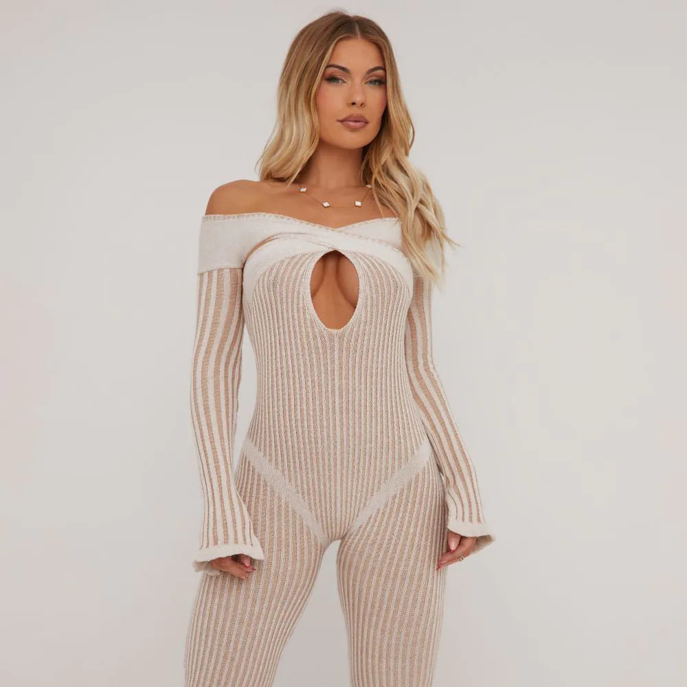 Bardot Keyhole Cut Out Strappy Waist Detail Jumpsuit In Contrast Stone Rib Knit