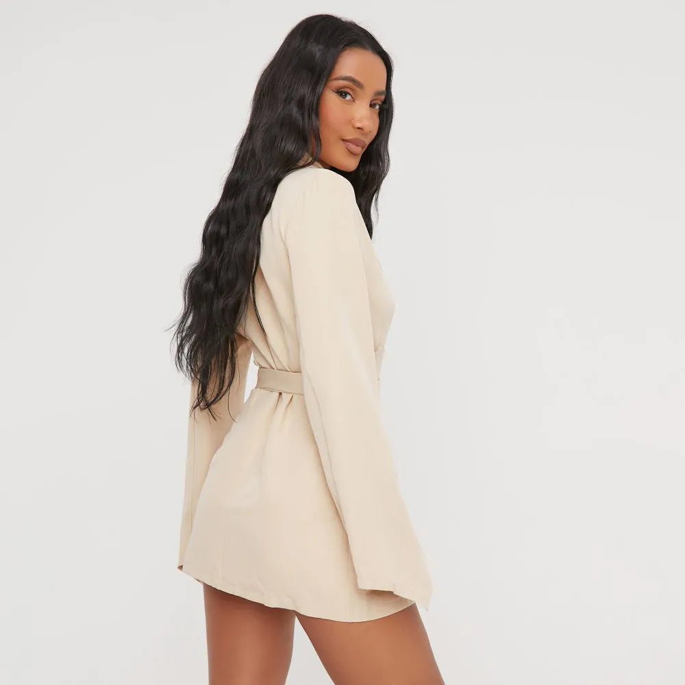 Oversized Belted Detail Blazer Dress In Stone Woven