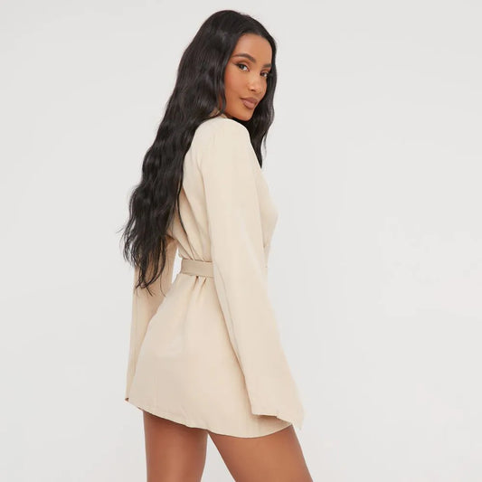 Oversized Belted Detail Blazer Dress In Stone Woven
