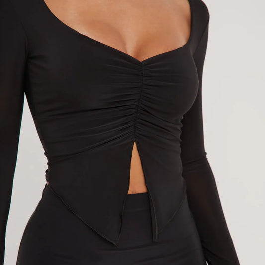 Long Sleeve Ruched Detail Split Front Crop Top In Black Slinky
