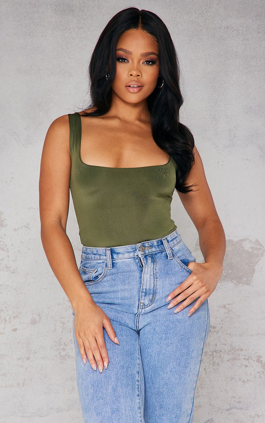 Dark Khaki Slinky Scoop Neck Bodysuit