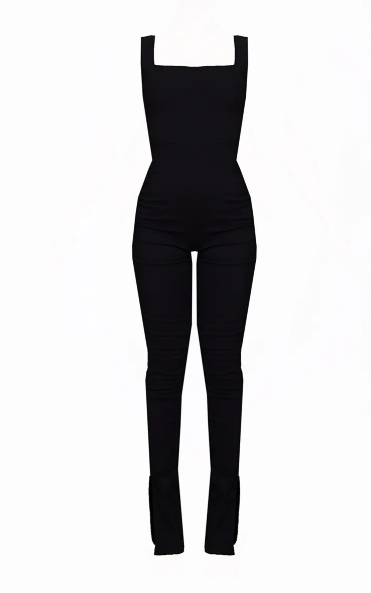 Black Square Neck Thick Strap Stretch Woven Jumpsuit