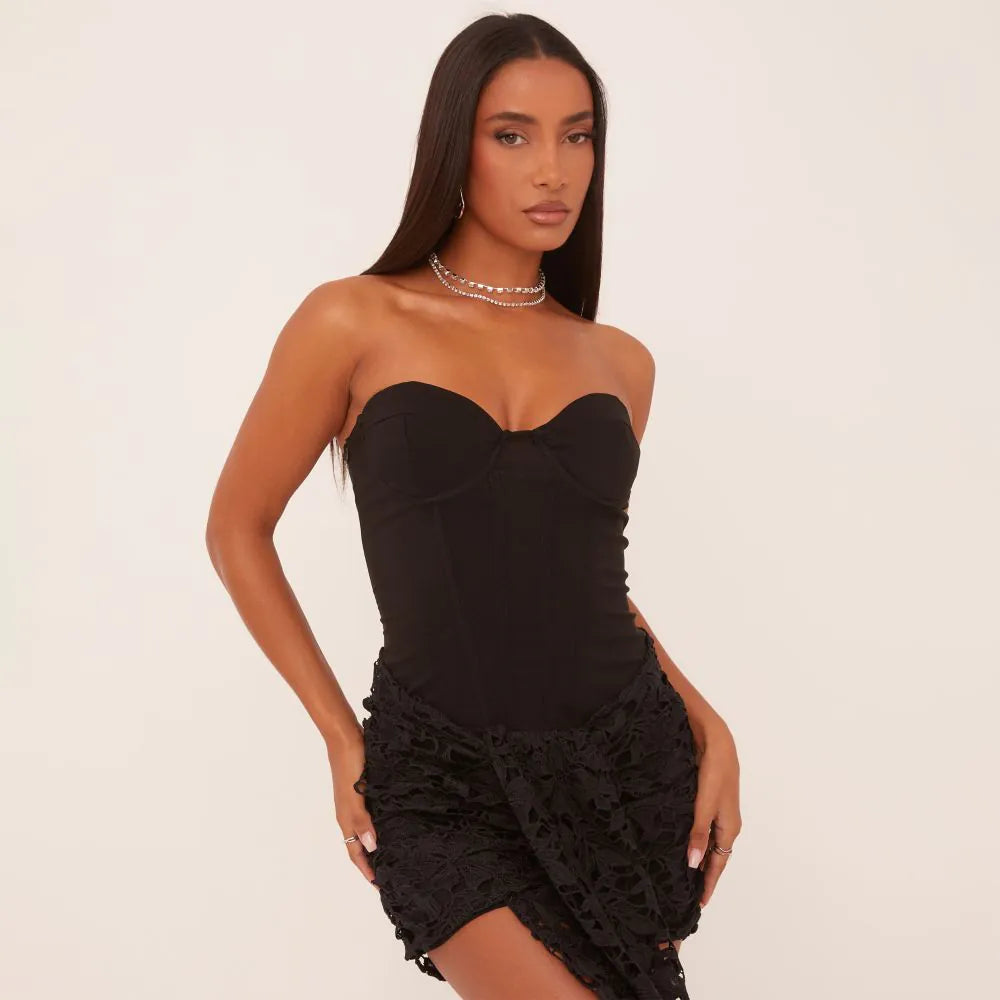 Bandeau Corseted Drape Detail Mini Bodycon Dress In In Black Textured Lace