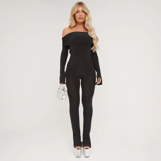 Bardot Long Sleeve Open Back Detail Split Hem Jumpsuit In Black Slinky