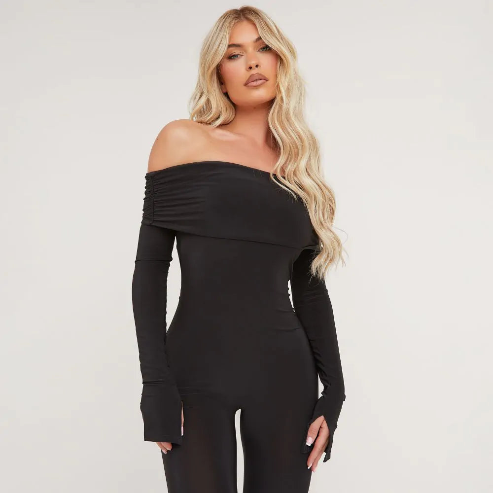 Bardot Long Sleeve Open Back Detail Split Hem Jumpsuit In Black Slinky