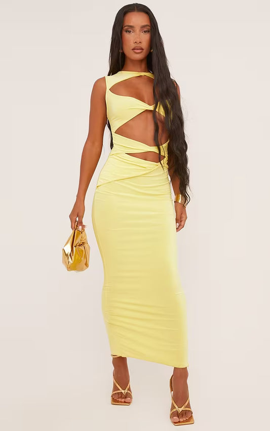Ego - Sleeveless Cut Out Twist Front Detail Maxi Dress In Pastel Yellow