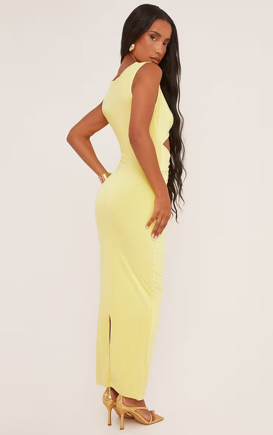 Ego - Sleeveless Cut Out Twist Front Detail Maxi Dress In Pastel Yellow