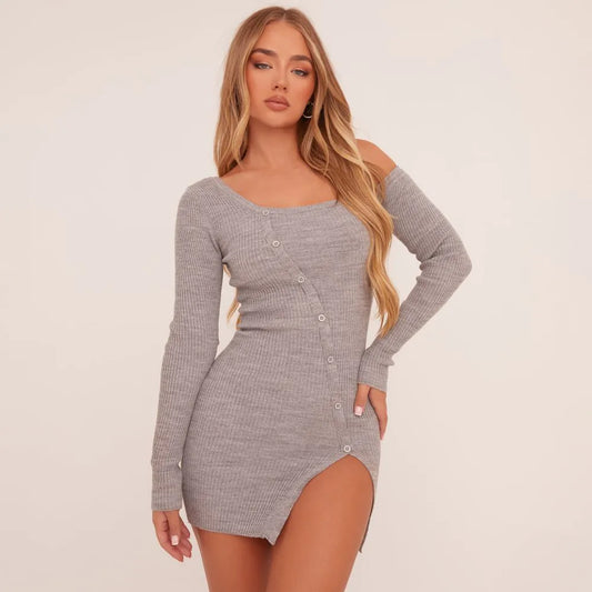 Off The Shoulder Long Sleeve Button Front Split Leg Dress In Grey Knit