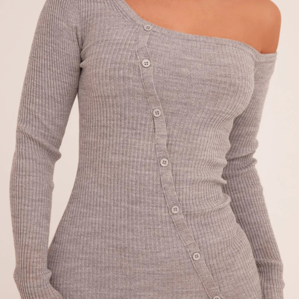 Off The Shoulder Long Sleeve Button Front Split Leg Dress In Grey Knit