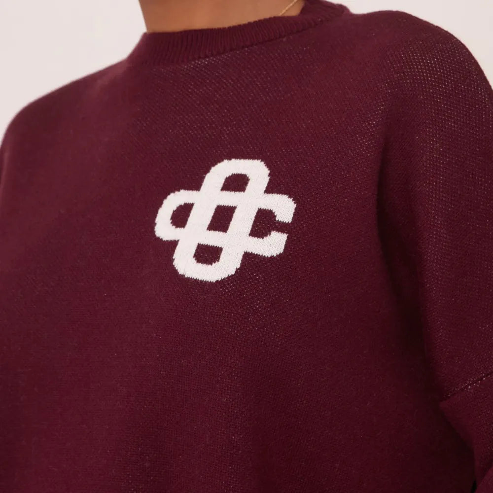 High Neck Oversized Contrast Swirl Detail Sweatshirt In Burgundy Knit