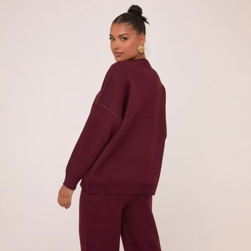 High Neck Oversized Contrast Swirl Detail Sweatshirt In Burgundy Knit