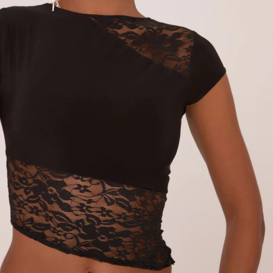 Short Sleeve Lace Detail Cropped T-Shirt In Black Slinky
