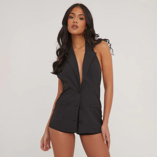 Plunge Button Front Open Back Tailored Playsuit In Black