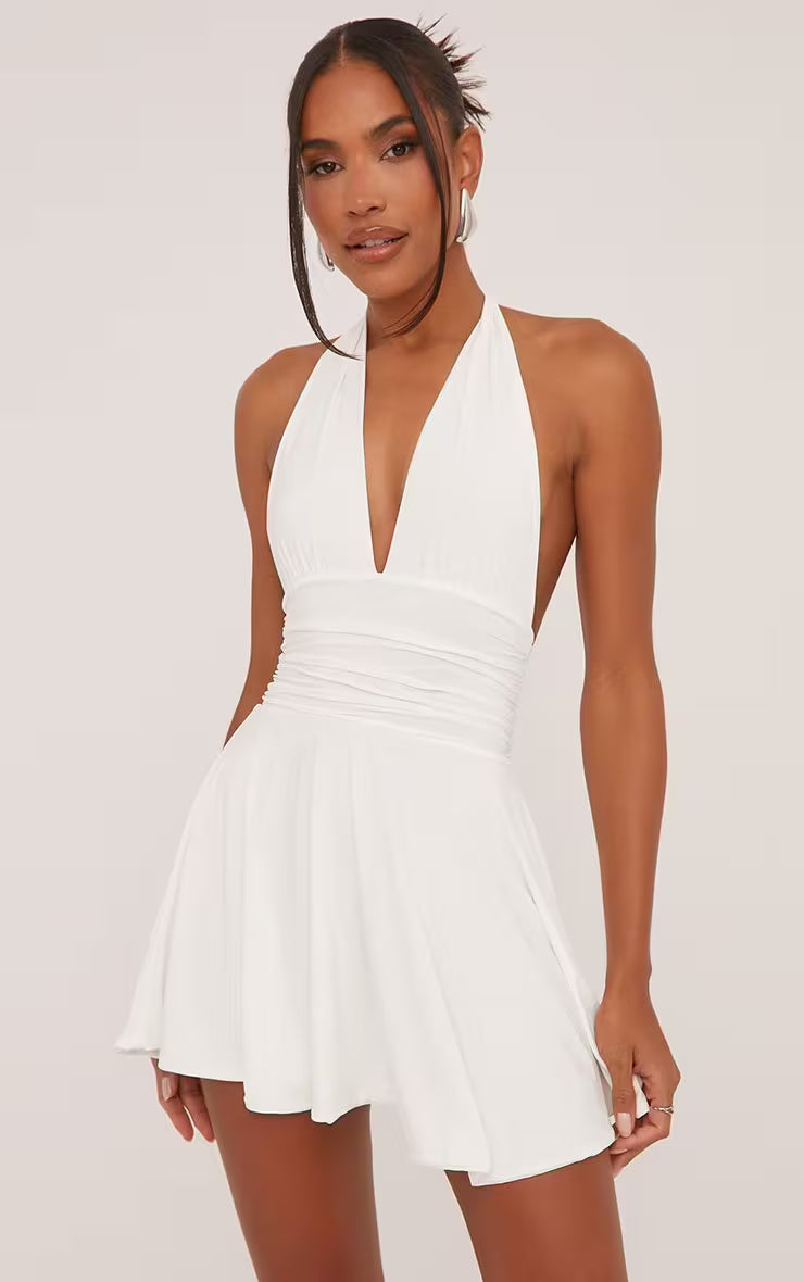 Ego - Plunge Halterneck Open Back Flippy Hem Mini Skater Dress In White Slinky