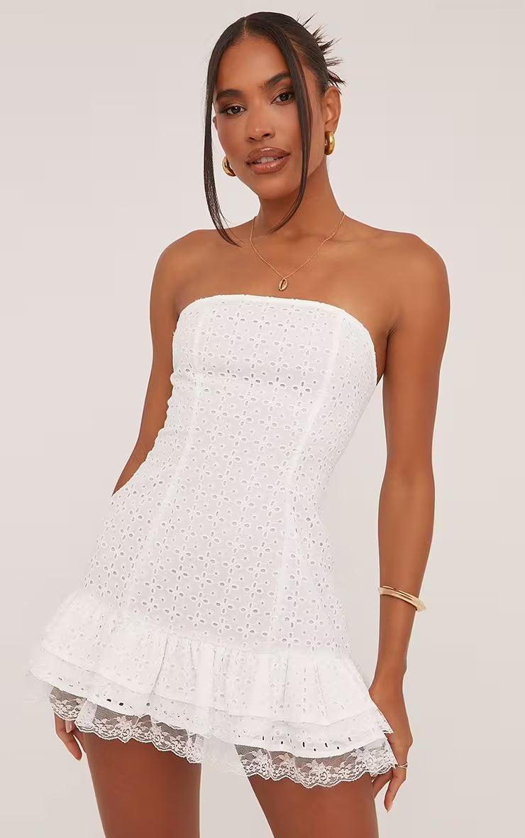 Ego - Bandeau Frill Hem Broderie Mini Dress In White