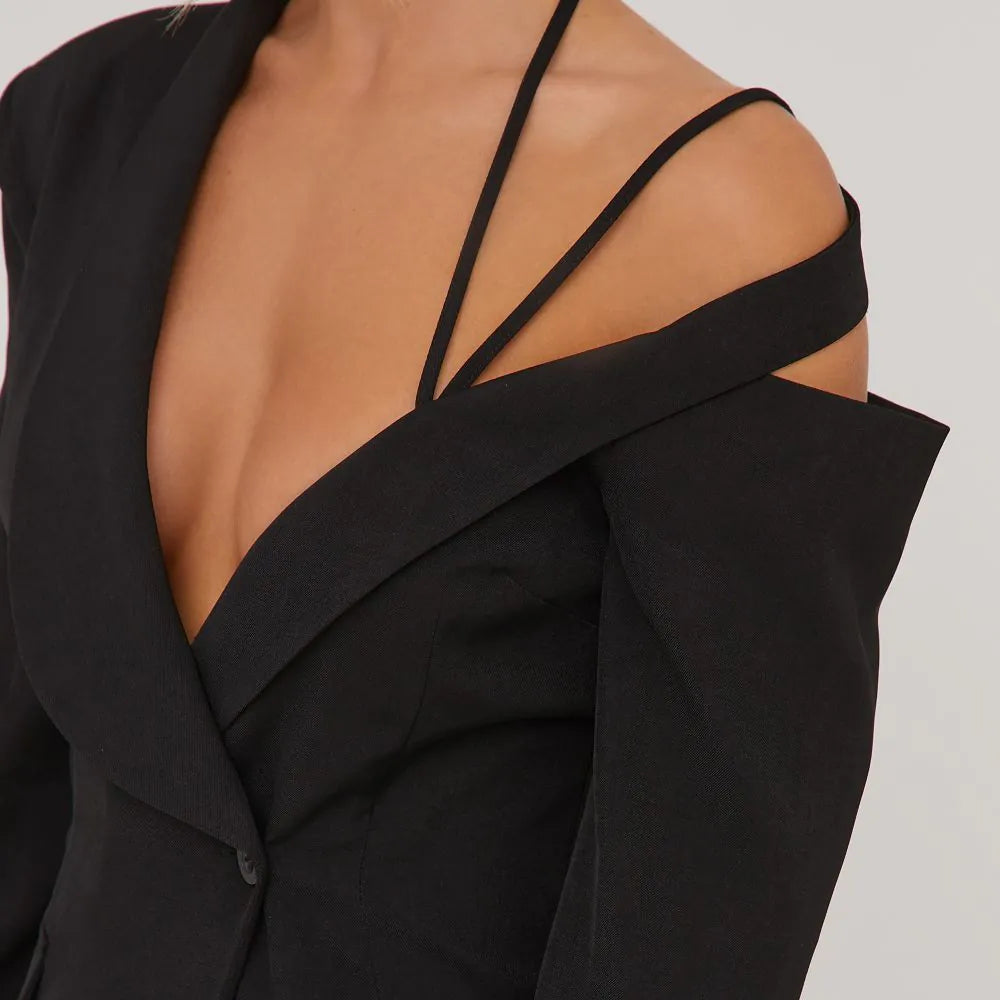 Strappy Detail Blazer Dress In Black Woven