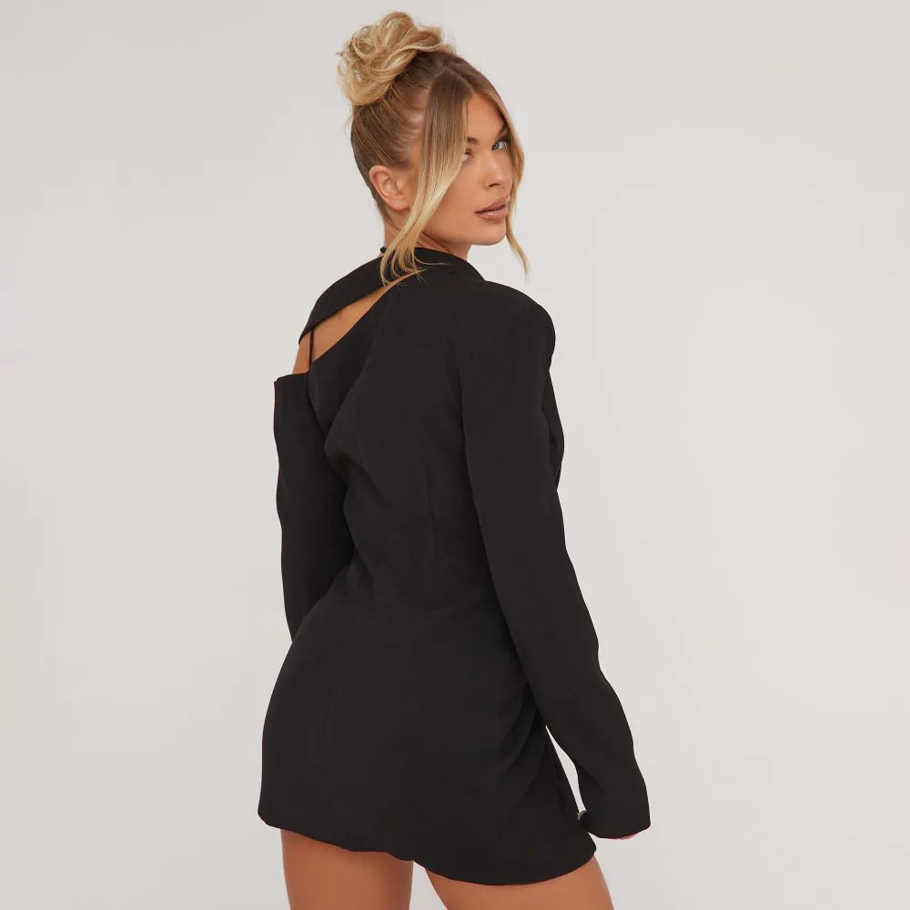 Strappy Detail Blazer Dress In Black Woven