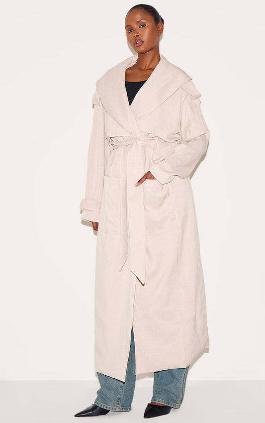 Plt - Ecru Textured Tie Detail Oversized Trench Coat