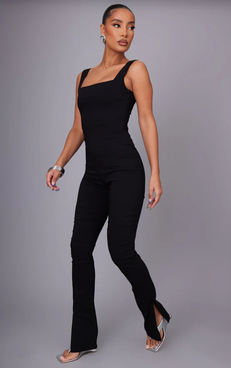 Black Square Neck Thick Strap Stretch Woven Jumpsuit