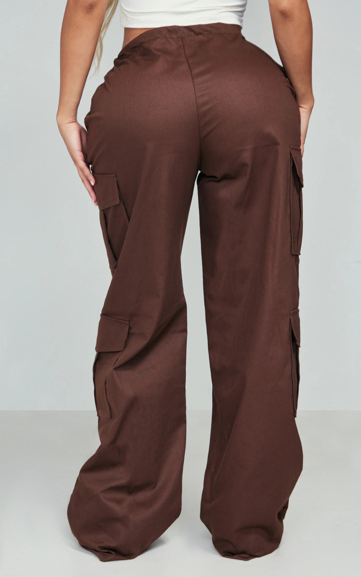 Shape Chocolate Brown Cargo Fold Waistband Pocket Detail Pants