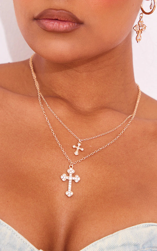Gold Layered Chain Jeweled Cross Necklace