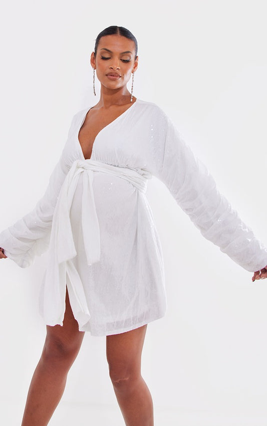 Maternity White Sequin Wrap Dress
