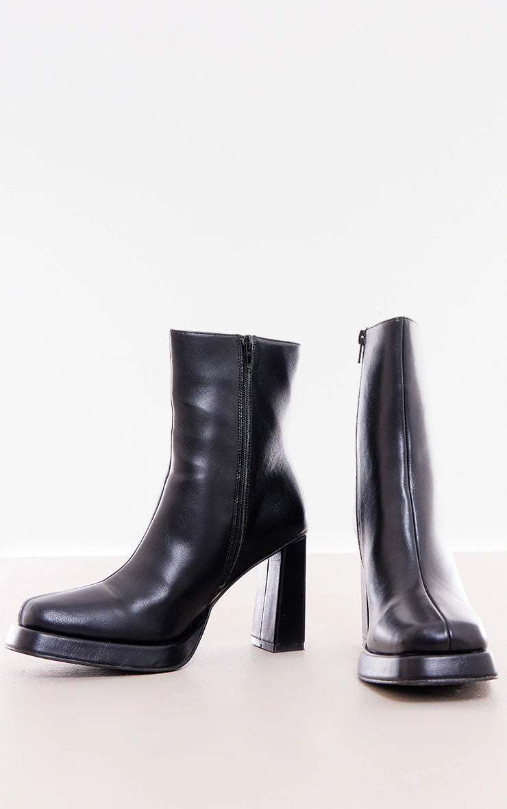 Black Faux Leather Square Toe Block Heeled Ankle Boots