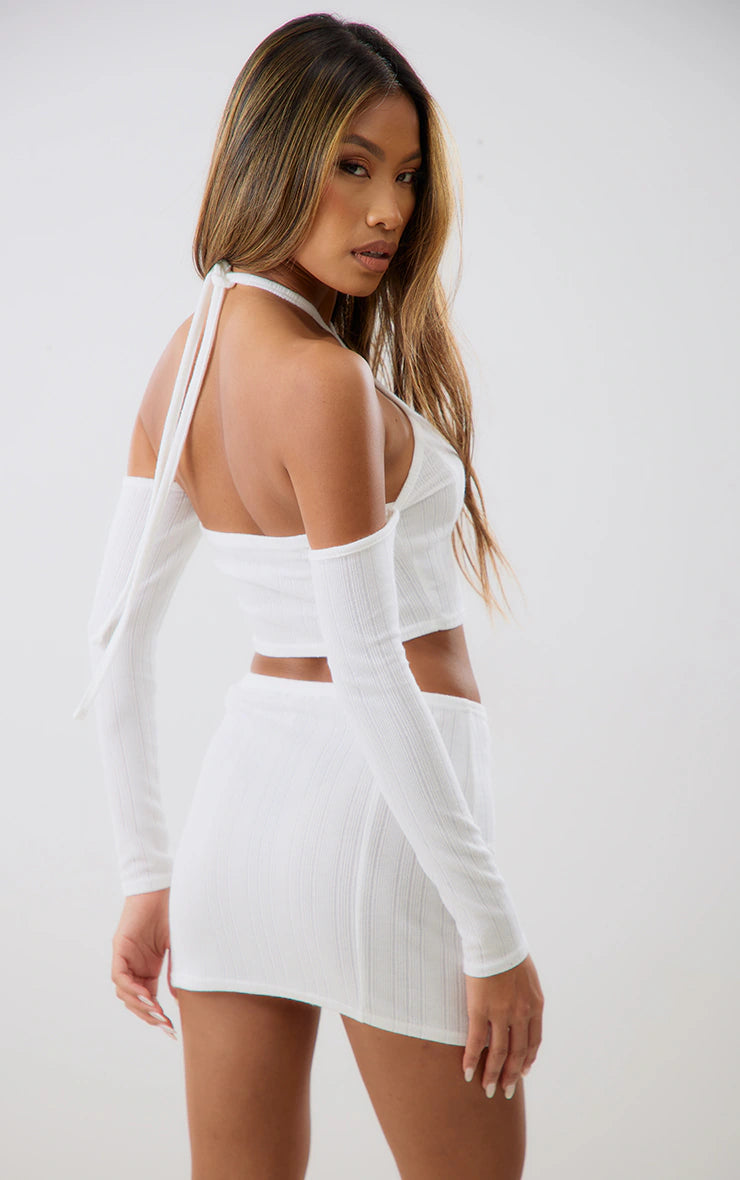 White Textured Halterneck Cold Shoulder Crop Top