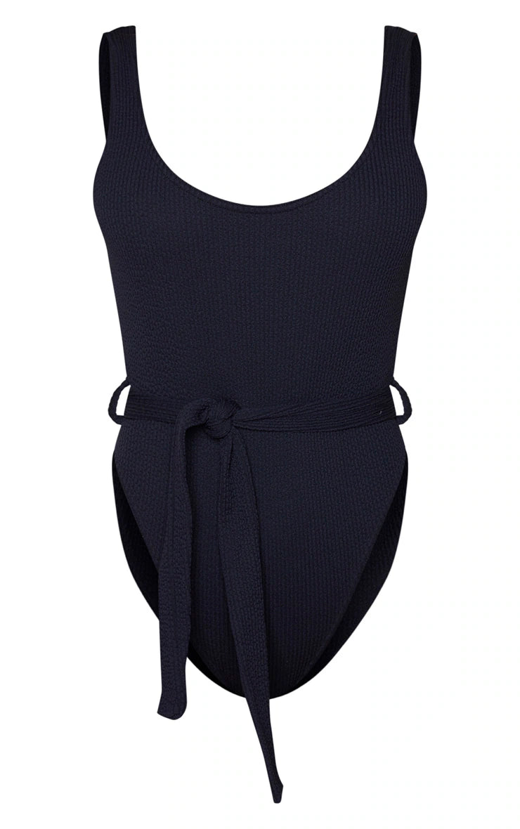 Black Tie Waist Crinkle Swimsuit