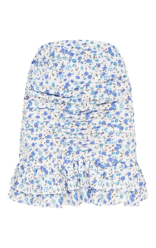 Blue Botanical Floral Ruched Mini Skirt